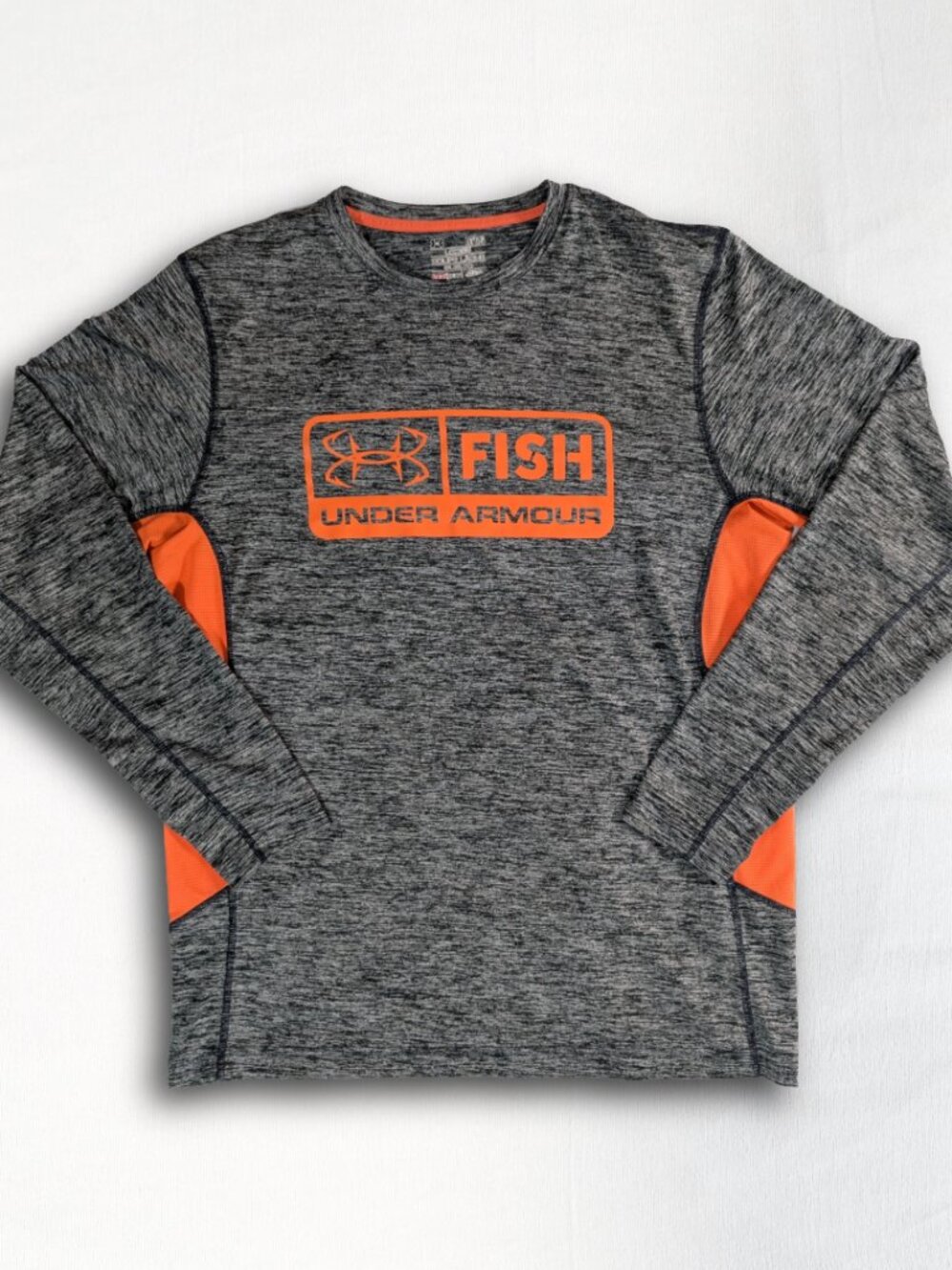 Under Armour Fish Hook HeatGear Loose Long Sleeve Shirt Mens Large Gray Orange